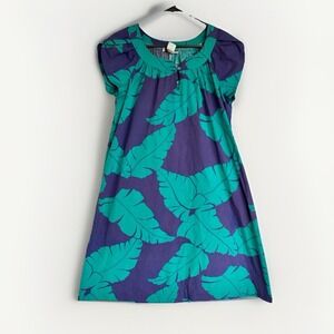 Vintage Nani Honolulu Hawaii Muumuu Blue & Green Tea Leaf Midi Cap Sleeve Dress